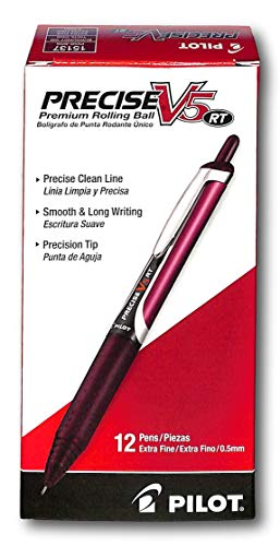 PILOT Precise V5 RT Refillable & Retractable Liquid Ink Rolling Ball Pens, Extra Fine Point (0.5mm) Burgundy Ink, 12-Pack (15137)