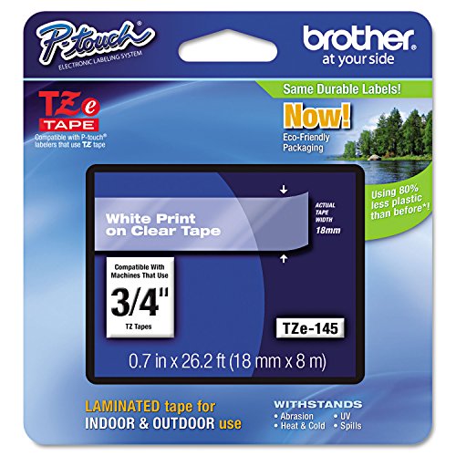 Brother Tze145 Tze Standard Adhesive Laminated Labeling Tape, 3/4-Inch W, White On Clear