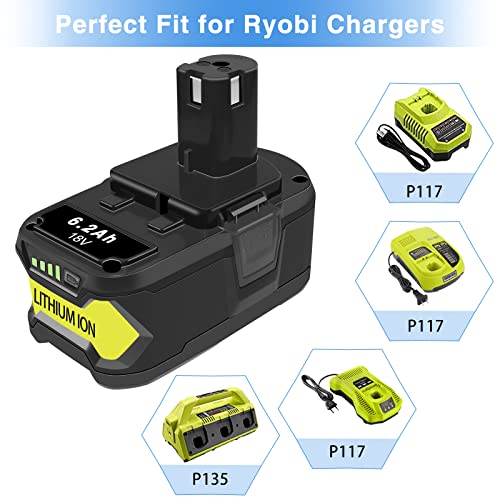 DTK 2Packs 6.2Ah 18V Battery Replacement for Ryobi 18V Battery One Plus P102 P103 P104 P105 P107 P108 P109 P190 P122 18V Lithium ONE+ Batteries Replacement