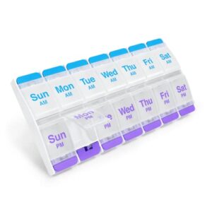 ezy dose push button (7-day) pill, medicine, vitamin organizer | weekly, 2 times a day, am/pm | large compartments | arthritis friendly | clear lids