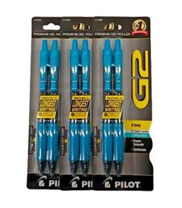 (3) pilot g2 turquoise pens with turquoise ink, retractable gel ink rolling ball, 0.7 mm, fine point, 2-pack (13366)