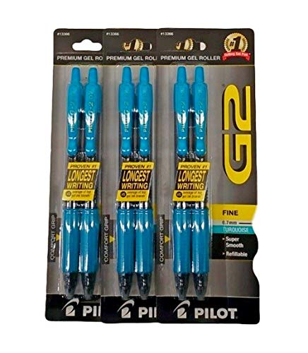 (3) Pilot G2 Turquoise Pens with Turquoise Ink, Retractable Gel Ink Rolling Ball, 0.7 mm, Fine Point, 2-Pack (13366)