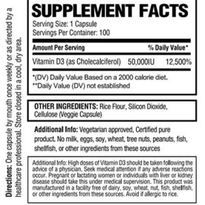 Vitamin D3 50,000 IU units for Bones Teeth Muscles and Immune System - High Potency Dose Vit D Vegetarian Approved Health Supplement - Pharmacist created and approved - 100 count