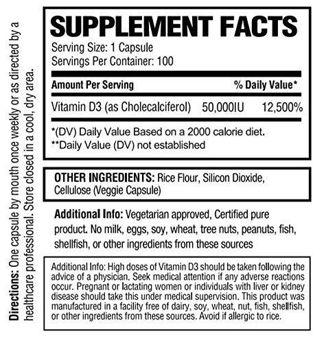 Vitamin D3 50,000 IU units for Bones Teeth Muscles and Immune System - High Potency Dose Vit D Vegetarian Approved Health Supplement - Pharmacist created and approved - 100 count