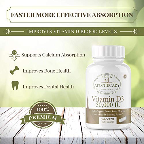 Vitamin D3 50,000 IU units for Bones Teeth Muscles and Immune System - High Potency Dose Vit D Vegetarian Approved Health Supplement - Pharmacist created and approved - 100 count