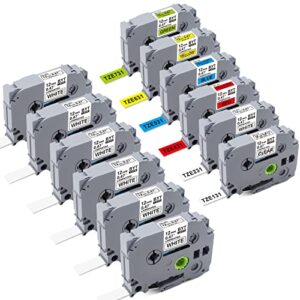 compatible with brother tze-231 & color laminated p-touch label maker tape, 0.47 inch (12mm) x 26.2 feet, black on white & clear/white/red/blue/yellow/green (6+6 pack)