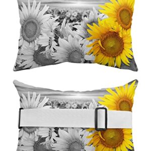 Recliner Head Pillow Ledge Loungers Chair Pillows with Insert 2 Yellow Sunflowers Black and White Background Lumbar Pillow with Adjustable Strap Outdoor Waterproof Patio Pillows for Beach Pool, 2 PCS