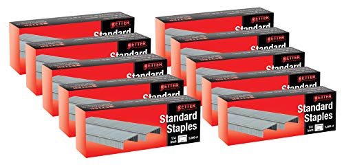 50,000 Staples, 10 Pack of 5,000 Count Standard Staples, 26/6, 1/4-inch, Chisel Point Tips, Jam Free Staples, Fits All Standard Desktop Office Staplers, Better Office Products