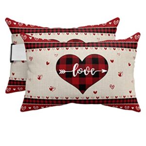 Recliner Head Pillow Ledge Loungers Chair Pillows with Insert Love Heart Black and Red Buffalo Plaid Lumbar Pillow with Adjustable Strap Outdoor Waterproof Patio Pillows for Beach Pool Chair, 2 PCS