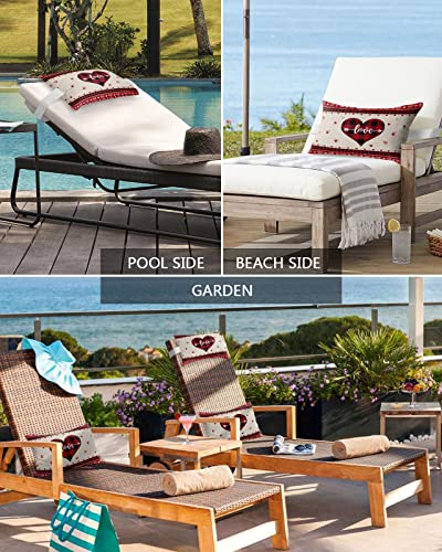 Recliner Head Pillow Ledge Loungers Chair Pillows with Insert Love Heart Black and Red Buffalo Plaid Lumbar Pillow with Adjustable Strap Outdoor Waterproof Patio Pillows for Beach Pool Chair, 2 PCS