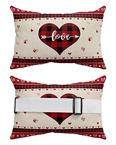 Recliner Head Pillow Ledge Loungers Chair Pillows with Insert Love Heart Black and Red Buffalo Plaid Lumbar Pillow with Adjustable Strap Outdoor Waterproof Patio Pillows for Beach Pool Chair, 2 PCS