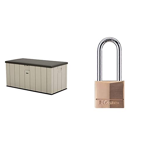 Lifetime 60254 Heavy-Duty Outdoor Storage Deck Box, 150 Gallon, Desert Sand/Brown & Master Lock 140DLH Padlock, 1 Pack, Bronze/Silver