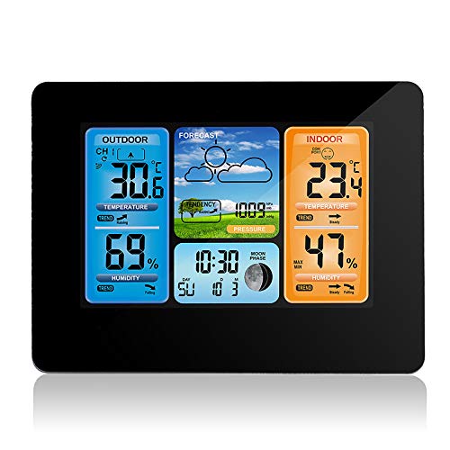 Peahog Weather Station Wireless Indoor Outdoor Thermometer, Color Display Digital Weather Station with Atomic Clock Calendar Temperature Alarm Forecast Station with Barometer and Adjustable Backlight