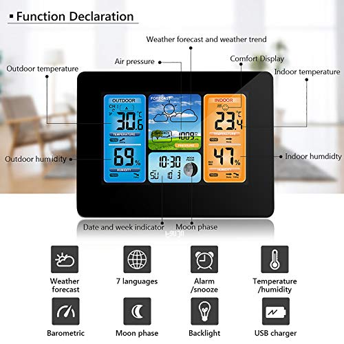 Peahog Weather Station Wireless Indoor Outdoor Thermometer, Color Display Digital Weather Station with Atomic Clock Calendar Temperature Alarm Forecast Station with Barometer and Adjustable Backlight