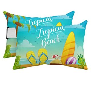 Recliner Head Pillow Ledge Loungers Chair Pillows with Insert Summer Beach Surfboard Cartoon Palm Tree Lumbar Pillow with Adjustable Strap Outdoor Waterproof Patio Pillows for Beach Pool, 2 PCS