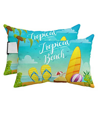 Recliner Head Pillow Ledge Loungers Chair Pillows with Insert Summer Beach Surfboard Cartoon Palm Tree Lumbar Pillow with Adjustable Strap Outdoor Waterproof Patio Pillows for Beach Pool, 2 PCS