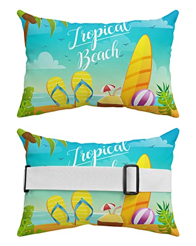 Recliner Head Pillow Ledge Loungers Chair Pillows with Insert Summer Beach Surfboard Cartoon Palm Tree Lumbar Pillow with Adjustable Strap Outdoor Waterproof Patio Pillows for Beach Pool, 2 PCS