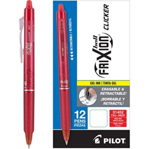 pilot frixion clicker erasable, refillable & retractable gel ink pens, fine point, red ink, 12-pack (31452)