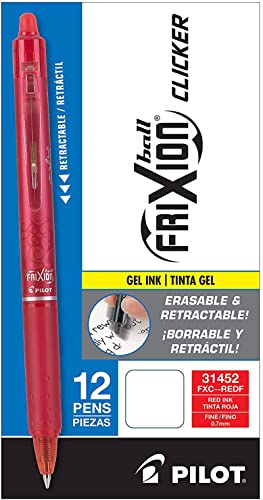 PILOT FriXion Clicker Erasable, Refillable & Retractable Gel Ink Pens, Fine Point, Red Ink, 12-Pack (31452)