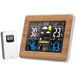 dushiabu weather station wireless indoor outdoor thermometer, atomic alarm clock with temperature alert humidity, color display weather monitor with calendar and adjustable backlight for home,wood