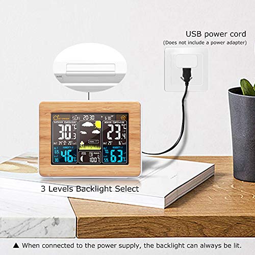 Dushiabu Weather Station Wireless Indoor Outdoor Thermometer, Atomic Alarm Clock with Temperature Alert Humidity, Color Display Weather Monitor with Calendar and Adjustable Backlight for Home,Wood