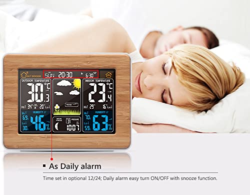 Dushiabu Weather Station Wireless Indoor Outdoor Thermometer, Atomic Alarm Clock with Temperature Alert Humidity, Color Display Weather Monitor with Calendar and Adjustable Backlight for Home,Wood