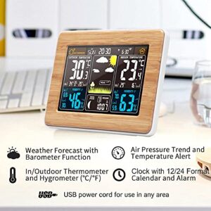 Dushiabu Weather Station Wireless Indoor Outdoor Thermometer, Atomic Alarm Clock with Temperature Alert Humidity, Color Display Weather Monitor with Calendar and Adjustable Backlight for Home,Wood