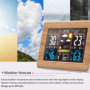 Dushiabu Weather Station Wireless Indoor Outdoor Thermometer, Atomic Alarm Clock with Temperature Alert Humidity, Color Display Weather Monitor with Calendar and Adjustable Backlight for Home,Wood