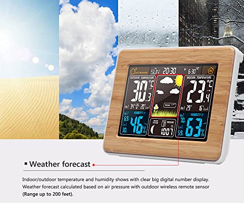 Dushiabu Weather Station Wireless Indoor Outdoor Thermometer, Atomic Alarm Clock with Temperature Alert Humidity, Color Display Weather Monitor with Calendar and Adjustable Backlight for Home,Wood