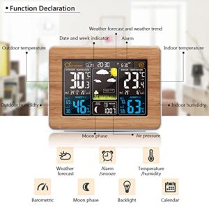 Dushiabu Weather Station Wireless Indoor Outdoor Thermometer, Atomic Alarm Clock with Temperature Alert Humidity, Color Display Weather Monitor with Calendar and Adjustable Backlight for Home,Wood