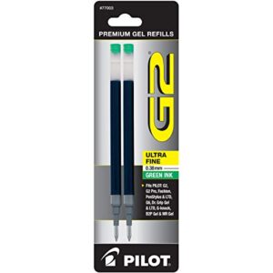 pilot g2 gel ink refills for rolling ball pens, ultra fine point, green ink, 2-pack (77003)