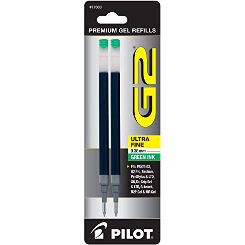 PILOT G2 Gel Ink Refills For Rolling Ball Pens, Ultra Fine Point, Green Ink, 2-Pack (77003)