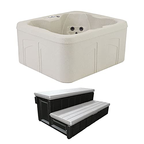 LifeSmart Spas Bermuda Rock Solid Simplicity 4-Person Spa with Thermal Locking Cover, Sand & 2-Step Entry and Exit Stairs, Grey/Black