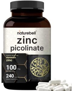 high potency zinc picolinate 100mg – 240 capsules, bioavailable form of zinc for immune support and skin health – non-gmo and gluten- zinc supplements