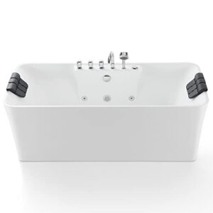 empava 59-inch freestanding whirlpool bathtub rectangular with 8 hydromassage adjustable water jets luxury acrylic massage spa soaking bath tub double ended , white