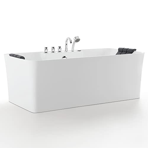 Empava 59-Inch Freestanding Whirlpool Bathtub Rectangular with 8 Hydromassage Adjustable Water Jets Luxury Acrylic Massage SPA Soaking Bath Tub Double Ended , White