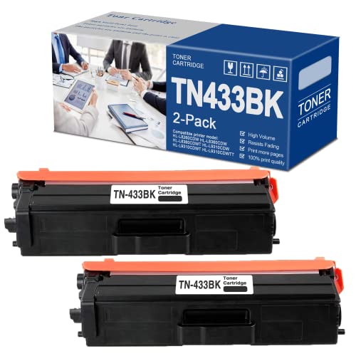 2 Pack TN-433BK Black High Yield Toner Cartridge Replacement for Brother TN-433BK Black HL-L8260CDW HL-L8360CDW HL-L8360CDWT HL-L9310CDW Printer.