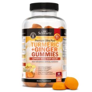 turmeric curcumin ginger gummies – 120 count (60 day supply) – natural joint support – vegan turmeric gummy supplement for ultra high absorption – non-gmo – made in the usa – delicious peach flavor