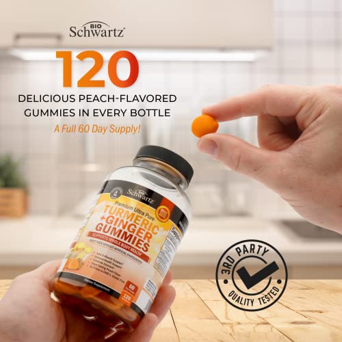 Turmeric Curcumin Ginger Gummies - 120 Count (60 Day Supply) - Natural Joint Support - Vegan Turmeric Gummy Supplement for Ultra High Absorption - Non-GMO - Made in The USA - Delicious Peach Flavor