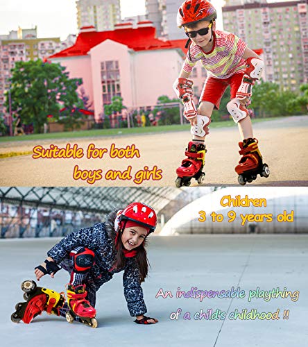 Quad Roller Skates for Kids Girls with Adjustable Size (Age 3-9), Double Brakes, Luminous Wheels, 3-Point Balance, Include Knee Pads Elbow Pads Wrist Guards