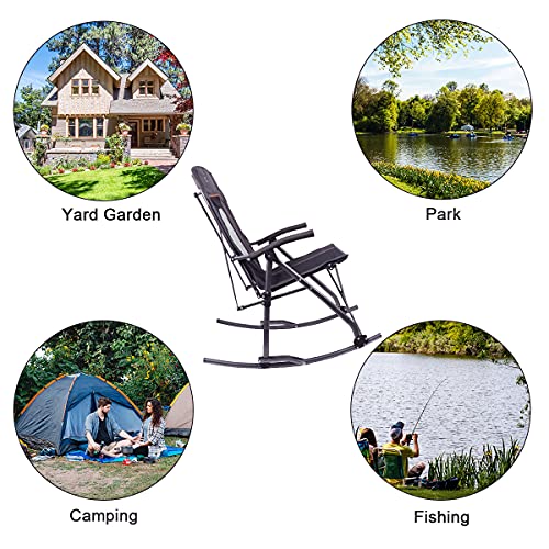 PORTAL Folding Camping Rocking Chairs Outdoor Mesh Patio Rocker Recliner Chairs with High Back Hard Armrest Support 300 lbs, Black