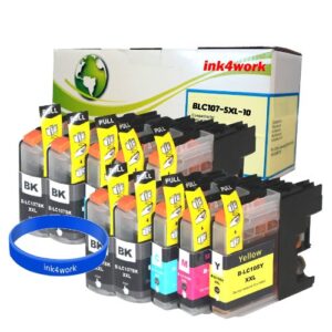 ink4work 10 pack lc107 bk & lc105 xl/xxl c/m/y super high yield compatible ink set with ink4work wristbands‎ for brother mfc-j4310dw, mfc-j4410dw, mfc-j4510dw, mfc-j4610dw, mfc-j4710dw
