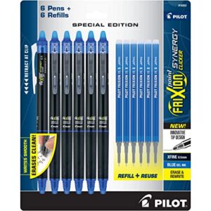 pilot frixion synergy clicker erasable pens, retractable and refillable, 0.5mm extra fine point, 6 pack of blue ink pens + 6 refills