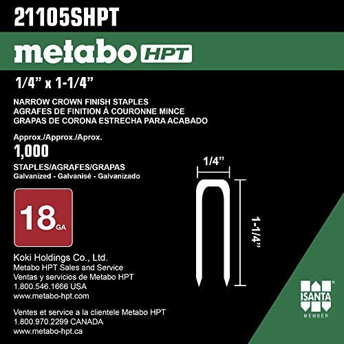 Metabo HPT 1-1/4 Inch 18 Gauge Narrow Crown Finish Staples | 1,000 Count | 21105SHPT