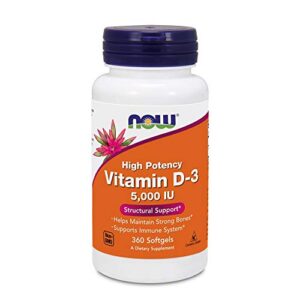 Now Foods Vitamin D3 (Cholecalciferol) - 5,000 IU, 360 Softgels - High Potency Bone Health and Immunity Support Supplement, Mood Booster - Halal, Kosher - 360 Count (Pack of 1)