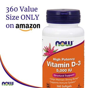 Now Foods Vitamin D3 (Cholecalciferol) - 5,000 IU, 360 Softgels - High Potency Bone Health and Immunity Support Supplement, Mood Booster - Halal, Kosher - 360 Count (Pack of 1)