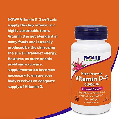 Now Foods Vitamin D3 (Cholecalciferol) - 5,000 IU, 360 Softgels - High Potency Bone Health and Immunity Support Supplement, Mood Booster - Halal, Kosher - 360 Count (Pack of 1)