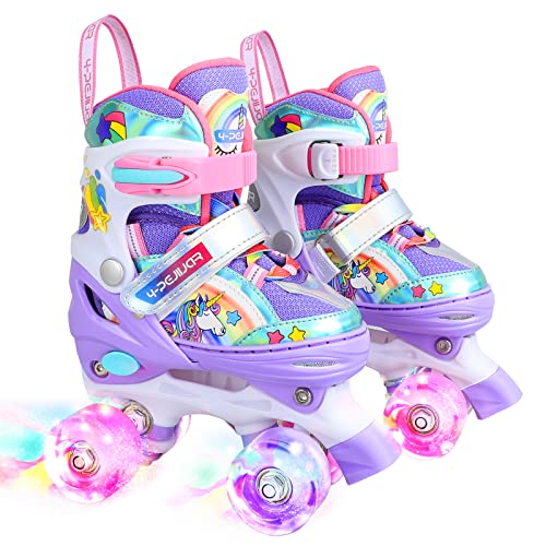 Rainbow Unicorn Kids Roller Skates for Girls Boys Toddler Ages 6-12,4-Pejiijar Adjustable Roller Shoes with Luminous Wheels for Birthday Xmas Gifts.