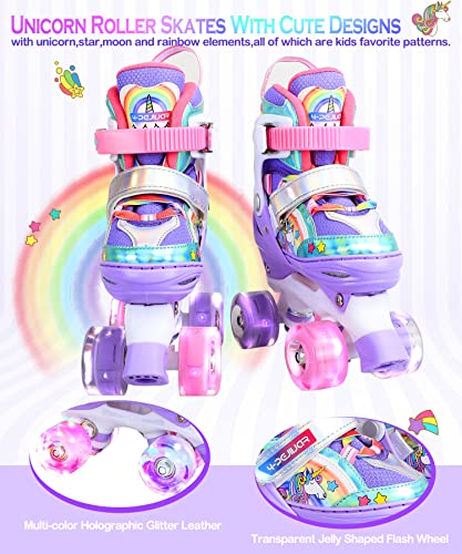 Rainbow Unicorn Kids Roller Skates for Girls Boys Toddler Ages 6-12,4-Pejiijar Adjustable Roller Shoes with Luminous Wheels for Birthday Xmas Gifts.