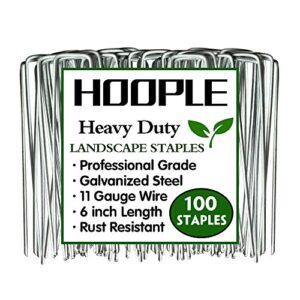 hoople 100 pc 6” 11 gauge heavy duty u-shaped securing garden stakes pins – sod fence landscape staples for anchoring weed barrier and landscape fabric, premium ground stakes(100)
